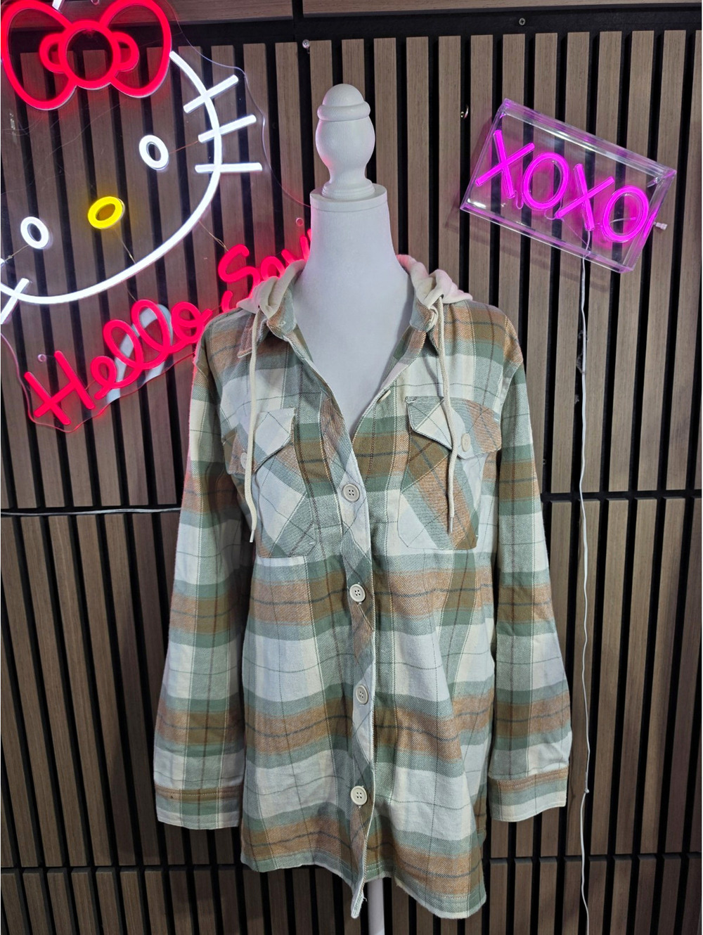Empyre Jacket Womens L Green Beige Plaid Hooded Button Front Pockets Mid-Length